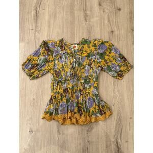 FARM RIO Capri Floral Mustard Short Sleeve V Neck Blouse Small NWT $198
